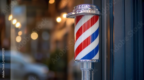 Classic barber shop pole in red, white, and blue stripes, mounted on a dark blue door, with a blurred city street background.