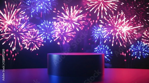 Dark cylindrical platform against vibrant firework backdrop.
