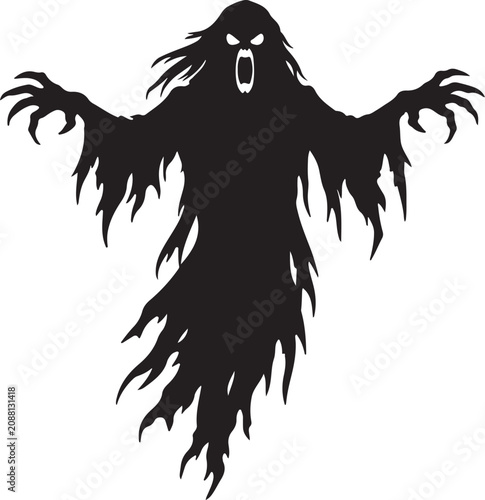 Obraz na plátně A terrifying floating ghost with long torn robes, stretched claw-like hands, flo