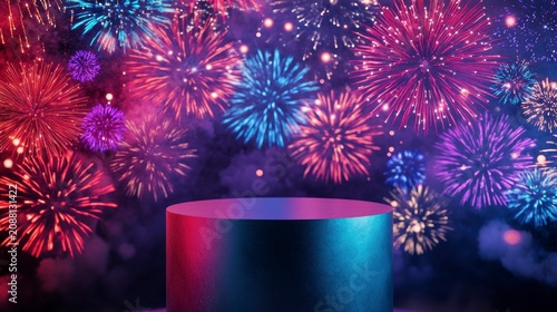 Festive fireworks backdrop with a vibrant cylindrical platform for product display.