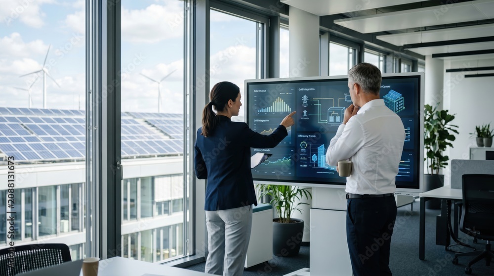 Fototapeta premium Colleagues discussing solar panels and wind turbine performance data on large interactive display in bright office, renewable energy project planning, teamwork