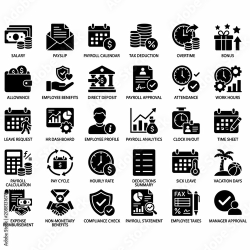 Collection of black and white icons representing various payroll, human resources, and employee benefit concepts.