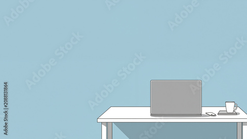 Minimalist workspace with laptop and cup on light blue background  