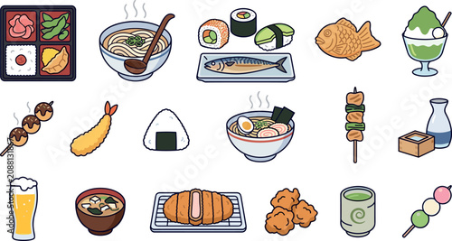 Fotografía Japanese food and dessert vector icon set featuring ramen, sushi, onigiri, tempu