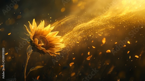 Magical sunflower with golden dust and petals, glowing in sunlight.
