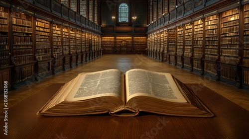 Open antique book in grand library.
