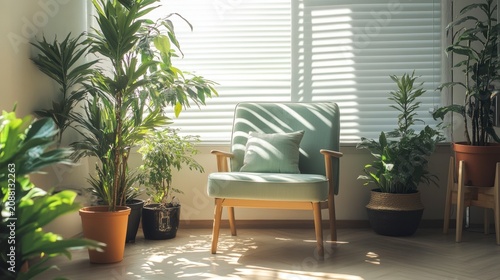 Sunlit room with armchair and various potted plants near window with blinds.