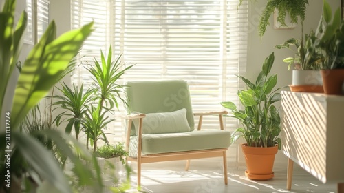 Sunlit room with armchair and various houseplants.