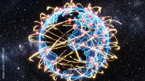 Global digital network connections on earth with location markers and glowing communication lines in space