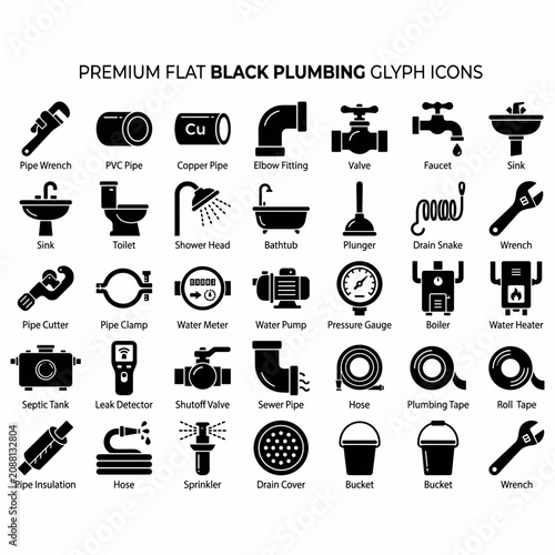 A comprehensive collection of premium flat black plumbing glyph icons, illustrating various tools, pipes, fixtures, and equipment used in plumbing systems.