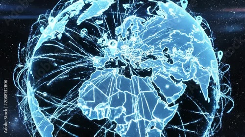 Glowing digital world map with location marker and network connections representing global communication