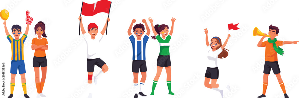 Fototapeta premium Cartoon sports fans cheering with flags, balloons, foam finger, and vuvuzela showing team spirit and celebration energy