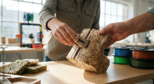 Hands examine a sustainable material sample in a circular economy workshop.