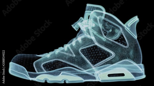 Futuristic x-ray sneaker showing internal structure isolated on black background