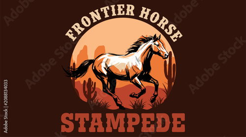 Frontier horse stampede vintage artwork. Retro style cowboy country. Western wild horse design.