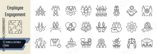 Employee engagement line icons collection, 25 editable stroke symbols  
