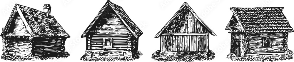 Fototapeta premium Four rustic wooden cabins hand drawn vintage countryside cottages illustration