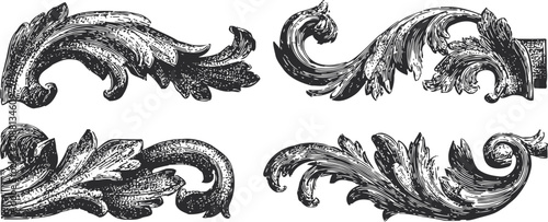 Vintage ornamental floral scrolls decorative classical acanthus leaf design elements set