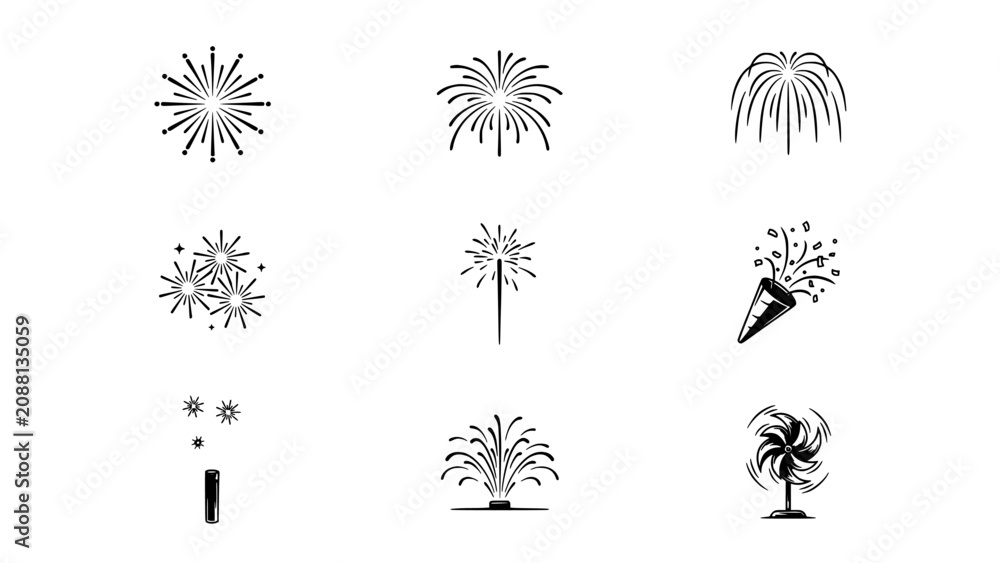 Obraz premium Firework Party Popper Icons Set in Black Line Art on White Background with Sparkling Bursts and Confetti Effects