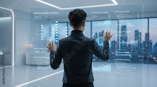 Man interacting with holographic neural network architecture interface
