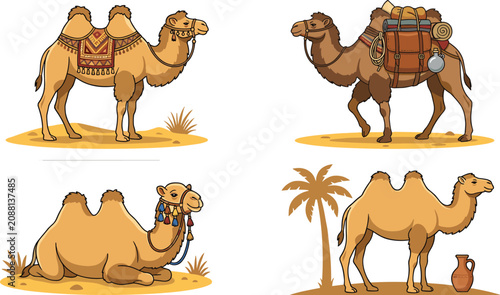 Photos Bactrian camel vector illustration set featuring two humped desert animals standing with ornamental saddle carrying baggage caravan luggage and sitting on sand