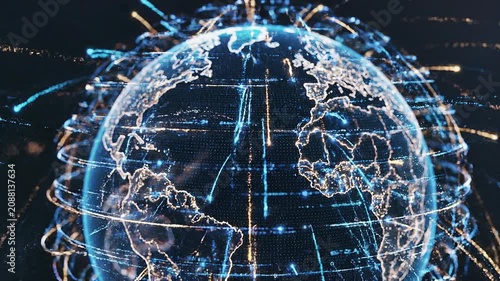 Global digital network connections glowing over earth map with data streams and technology visualization
