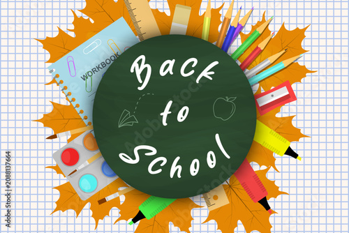 Back to School design with chalkboard, colorful school supplies, autumn maple leaves, and notebook. Educational banner for posters, flyers, and promotions. Vector illustration.