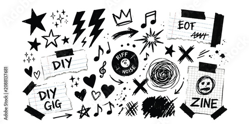 Photos Set of hand drawn punk rock doodle elements music notes stars hearts and zine ta