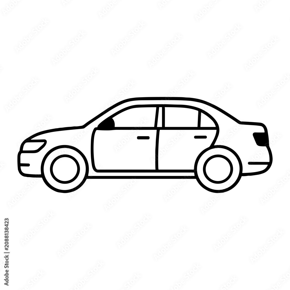 Fototapeta premium Black and white line art illustration of a four-door sedan car side profile, minimal outline vector icon showing wheels, doors, windows, and roof in simple monochrome design