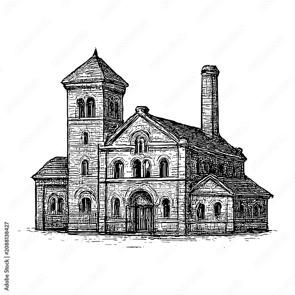 Fototapeta premium Black-and-white ink sketch of an old stone building with tall tower, arched windows, main entrance and chimney, showing Romanesque architectural features with industrial character