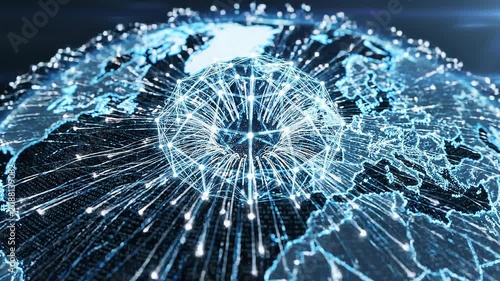 Digital global network visualization with glowing connection lines and data points on map