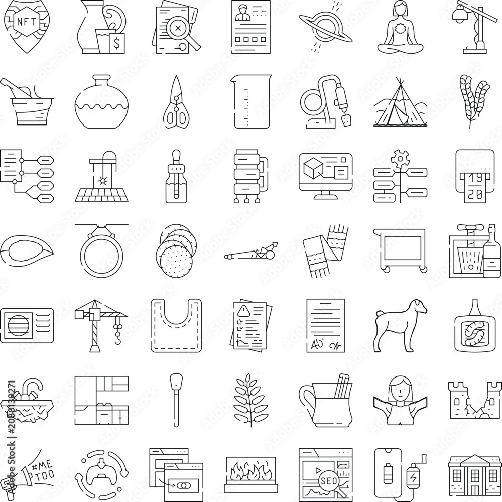 Fototapeta premium Variety of outline icons illustrating concepts related to business, industry, technology, web design, medicine, science, nature, and everyday objects, representing a diverse range of modern themes