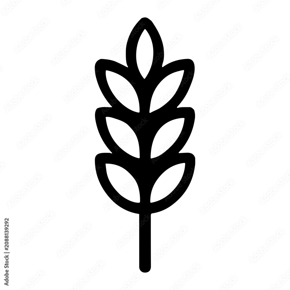 Fototapeta premium Minimalist black silhouette of a wheat stalk with layered grain kernels on a single stem, agricultural icon representing cereal crops, harvest, farming, and natural produce