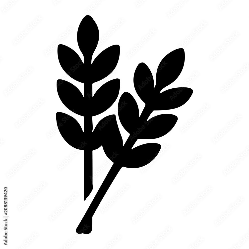 Fototapeta premium Black silhouette of two crossed botanical sprigs with rounded leaves resembling wheat or laurel branches, minimalist plant emblem on a white background, bold iconographic motif