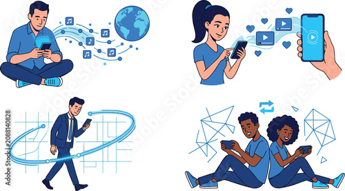 Fényképezés Modern people using smartphones for global music streaming social video navigation GPS mapping and mobile multiplayer gaming vector illustrations set