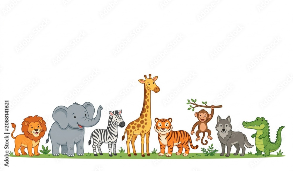 Fototapeta premium Safari Zoo Animals Horizontal Banner Vector - Large Wildlife Group with White Text Space.