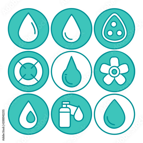 Water Drop and Liquid Care Line Icons Set in Circle Badges