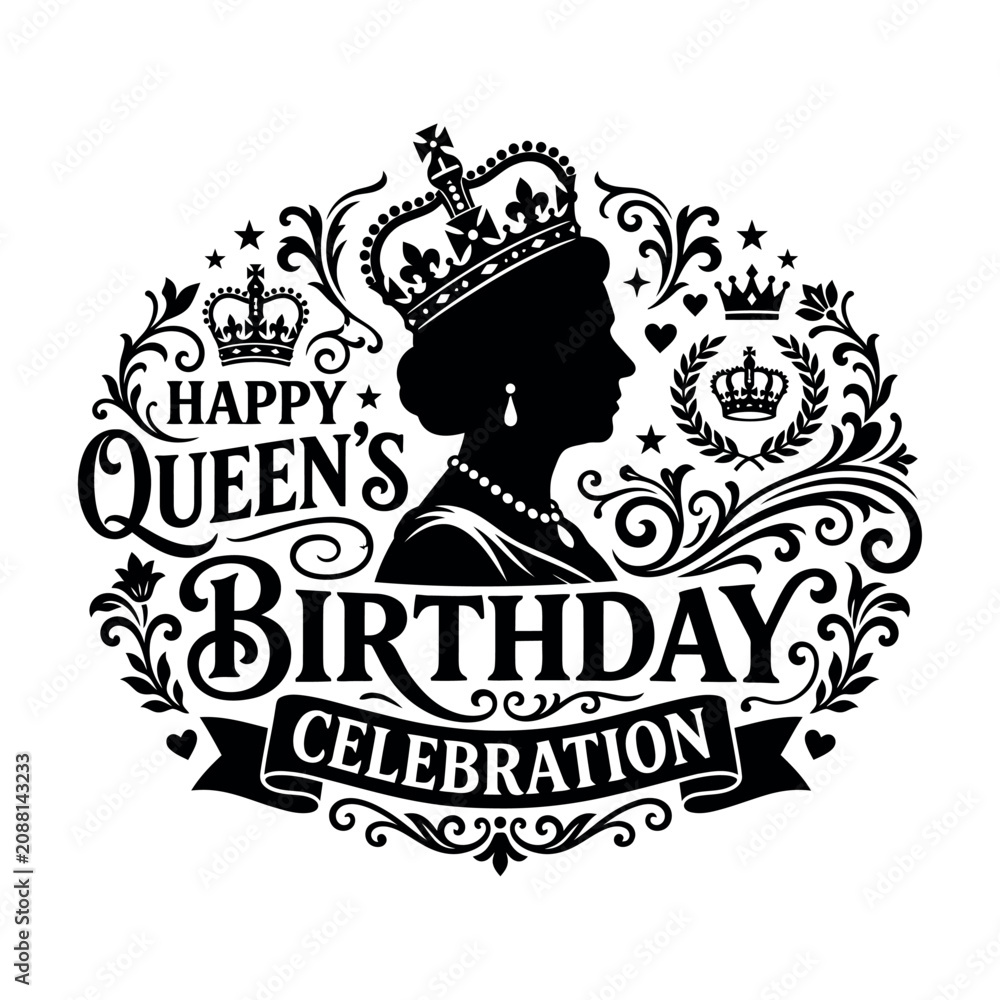 Obraz premium Elegant Black and White Queen's Birthday Celebration Typography.eps 
