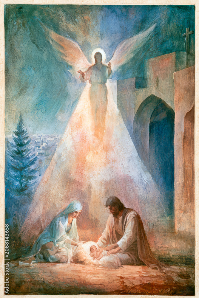 Obraz premium Mary and Joseph are together with the baby Jesus in a stable. An angel hovers above them, shining a bright light over the scene