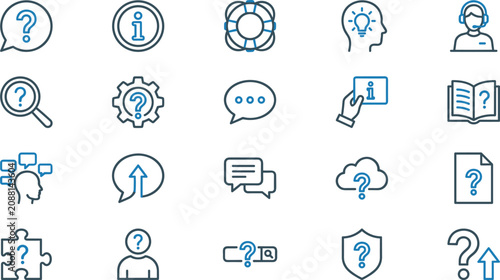 Fotografía Customer Support and Frequently Asked Questions Line Icons Set with Help Center,