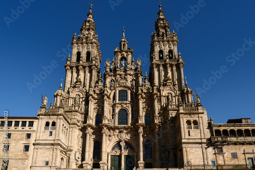 Santiago de Compostela Cathedral Facade in Spain With Baroque Towers and Ornate Stonework