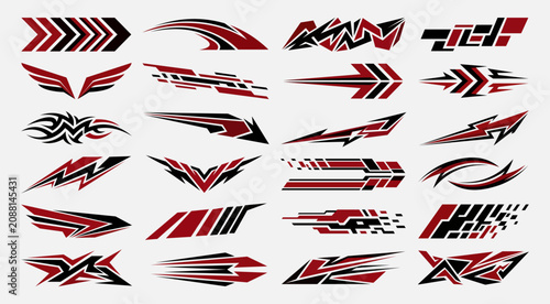 Set of abstract racing car decals and vinyl stickers with aggressive geometric shapes in red and black colors