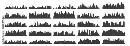 Black city skyline silhouette icon set collection. Urban cityscapes in flat vector style.