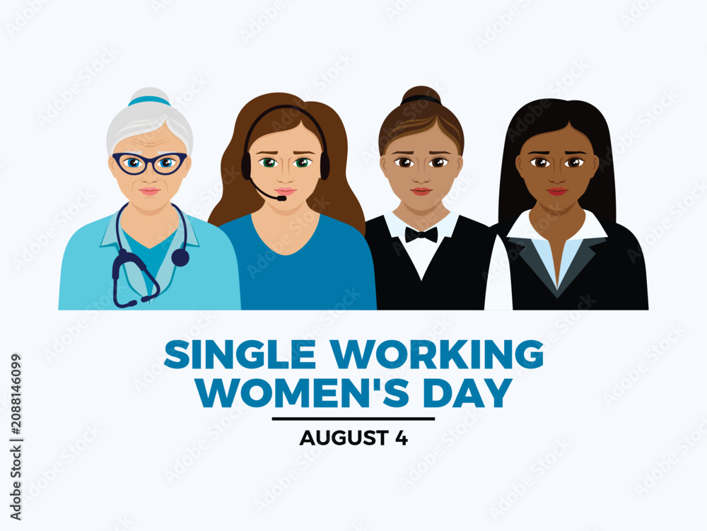 Fototapeta premium Single Working Women's Day poster vector illustration. Female doctor, phone operator, waitress, lawyer icon set. Diverse group of working women drawing. Template for background, banner, card. 4 August
