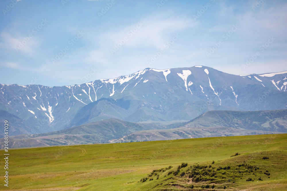 Fototapeta premium Vast green plains stretch beneath snow-dusted mountain peaks