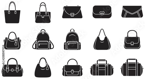 Fotografía Collection Of Black Silhouette Handbags Backpacks And Duffel Bags On White Backg