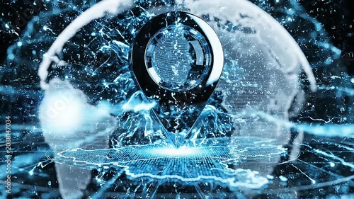Futuristic digital location pin with glowing blue technology and global network connections concept