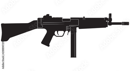 Tableau sur toile Submachine Gun Silhouette On White Background A Detailed Weapon Outline