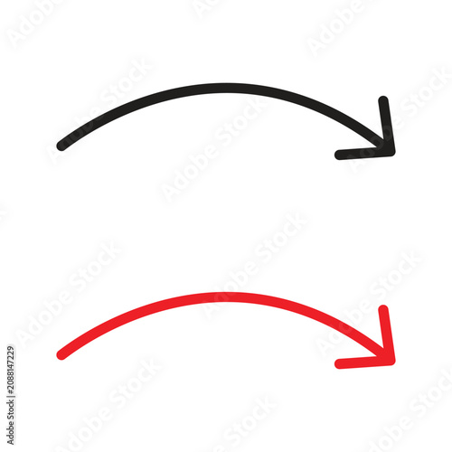 Minimalist hand drawn black and red curved arrow set vector illustration