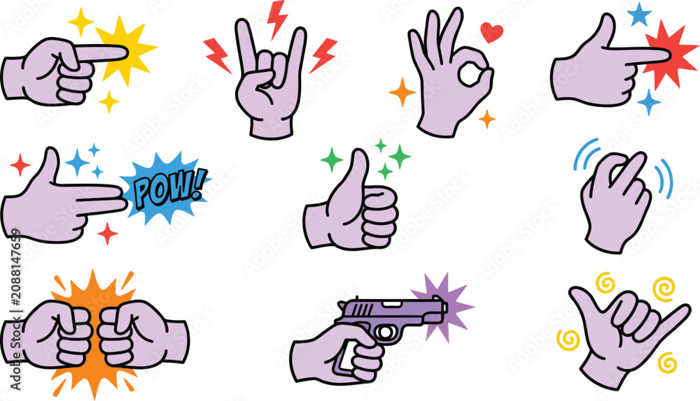 Obraz premium Various hand shapes collection pointing rock on love and more gestures isolated on transparent background